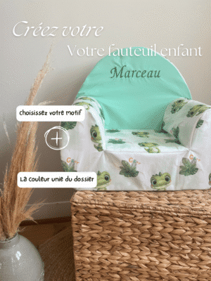 Fauteuil enfant personnalisé fait main avec prénom brodé. Mousse française haute densité, housse lavable et tissus Oeko-Tex. Une création unique pour bébé et enfant de 1 à 5/6 ans.