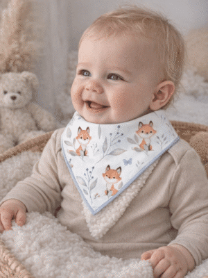 Bavoir bandana bébé renard fait main en France. Coton Oeko-Tex et éponge bambou ultra-douce, absorbant et stylé. Idéal poussée dentaire et cadeau naissance.