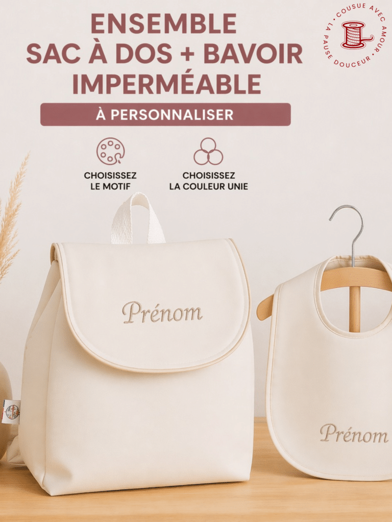 Sac à dos maternelle imperméable motif forêt, rabat rosé irisé, personnalisable avec prénom. Modèle en stock, fait main en France.