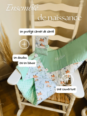 Découvrez notre ensemble de naissance fait main, composé d’accessoires ultra-doux et pratiques pour bébé. Idéal en cadeau, cet ensemble allie confort, qualité et personnalisation pour chouchouter les tout-petits dès leurs premiers jours.