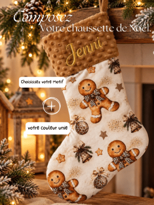 Chaussette de Noël personnalisée, cousue main dans mon atelier. Choisissez votre tissu et ajoutez un prénom brodé pour un Noël unique et magique.