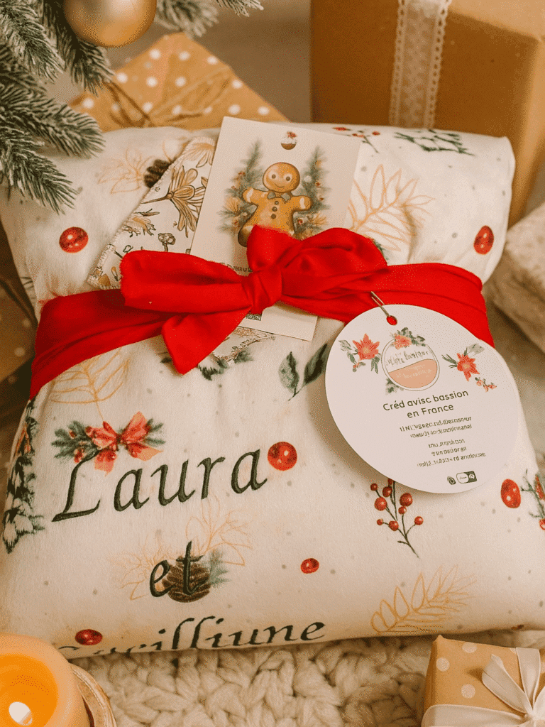 Plaid de Noël motif Forêt rouge et vert, exclusivité Les Créa de Jenni. Ultra doux, personnalisable, artisanal, fait main en France. Cadeau cocooning parfait pour les fêtes.