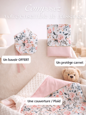 Créez un ensemble de naissance unique avec une couverture ou plaid, un protège carnet de santé personnalisé et un bavoir offert. Large choix de motifs et couleurs. Visio gratuite pour vous guider !