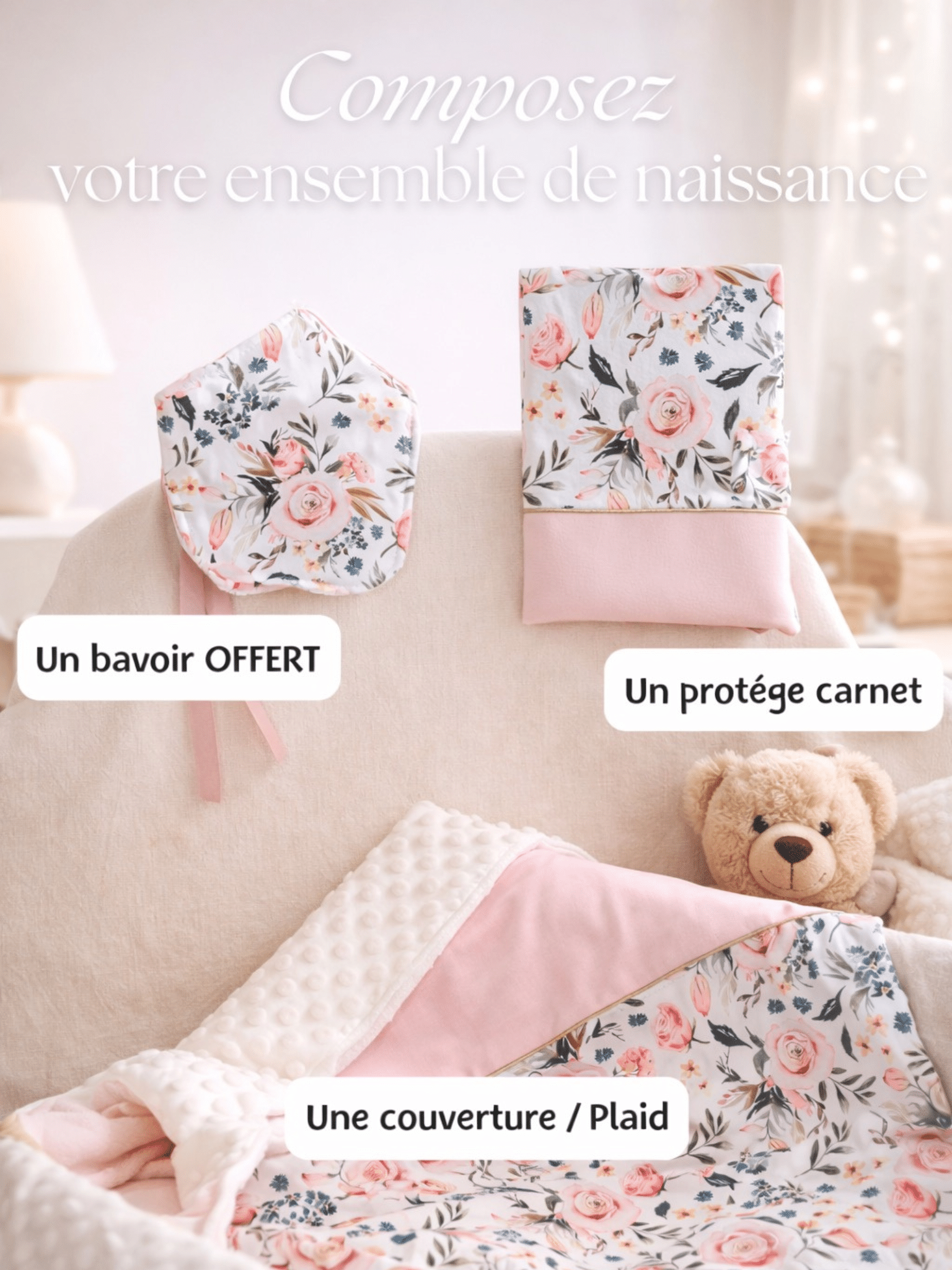Créez un ensemble de naissance unique avec une couverture ou plaid, un protège carnet de santé personnalisé et un bavoir offert. Large choix de motifs et couleurs. Visio gratuite pour vous guider !