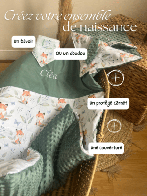 Créez un ensemble de naissance unique avec une couverture ou plaid, un protège carnet de santé personnalisé et un bavoir offert. Large choix de motifs et couleurs. Visio gratuite pour vous guider !
