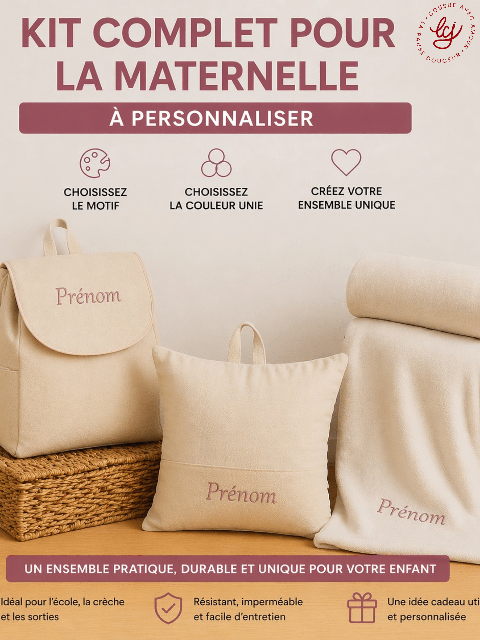 Pack rentrée maternelle : sac à dos imperméable + kit sieste personnalisé motif renard. Confort, praticité et douceur cousus main en France. Série limitée !