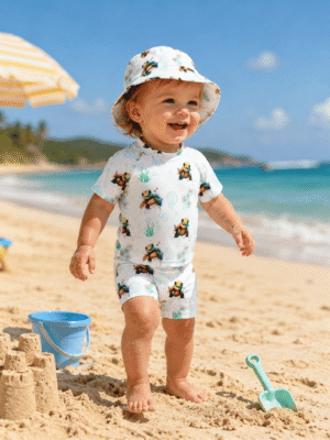 Maillot de bain bébé anti-UV UPF 50+ personnalisable. Création artisanale made in Loiret. Deux modèles au choix, dès 1 an. Confort & sécurité