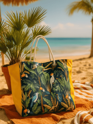 Sac de plage XXL imperméable motif perroquets tropicaux. Format 45x45 cm, pochette intérieure, fabriqué en France. En stock, expédition rapide !