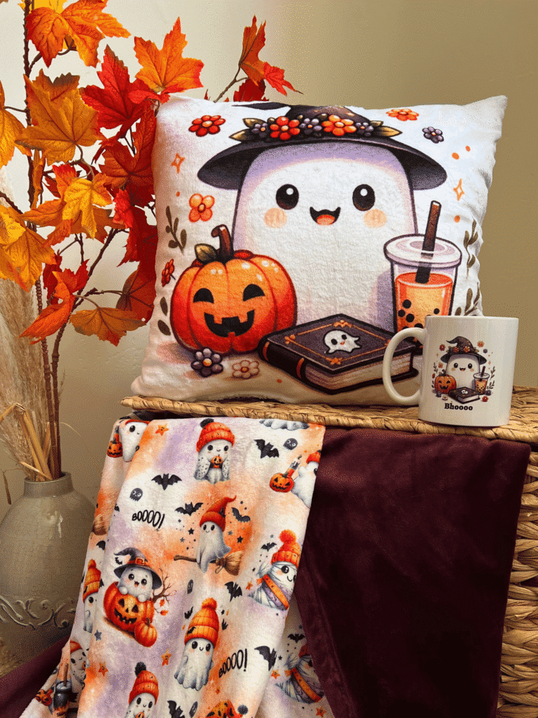 Coussin fantôme Halloween en doudou ultra doux 50x50 cm. Plaid assorti 150x150 cm en édition limitée Halloween 2025. Un cocooning magique !