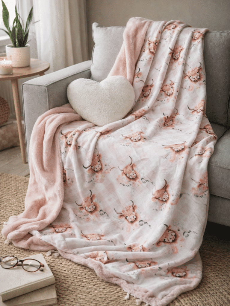 Plaid cocooning 2 m aux têtes de buffle sur tons roses clairs, doublé de fourrure synthétique ultra douce. Pièce unique, fait main en France, prêt à partir, livraison rapide sous 8 jours.