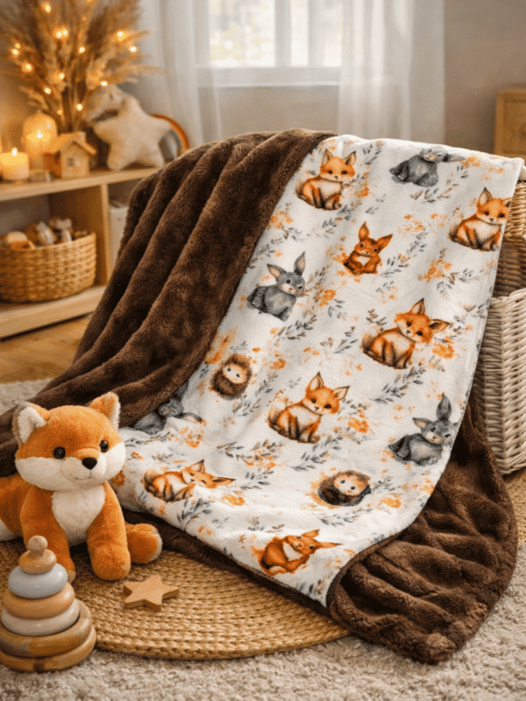 Plaid enfant 150x150 cm ultra doux motif forêt avec dos marron. Confection artisanale en stock, idéal pour un univers cosy et rassurant. Livraison rapide.