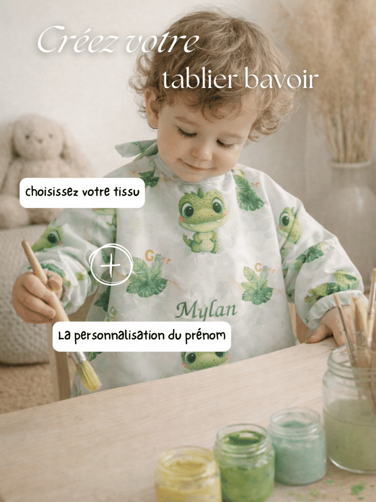 Tablier bavoir imperméable enfant personnalisé avec manches longues. Idéal peinture, cuisine, pâte à modeler et repas. Disponible en 3 tailles, broderie prénom possible. Fabrication artisanale française.