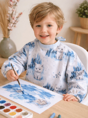 Tablier bavoir enfant imperméable motif renard polaire – taille 3/5 ans. Manches longues, protection peinture et repas, option prénom brodé. Modèle en stock – fabrication artisanale Les Créa de Jenni.