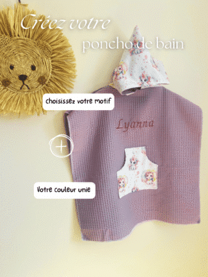 Poncho de bain enfant personnalisable cousu main – choisissez motif, couleur et prénom. Tissu Oeko-Tex doux et absorbant. Idéal plage et piscine. Création unique Les Créa de Jenni.