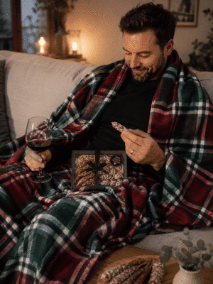 Coffret cadeau Fête des Pères avec plaid ultra doux et box apéro artisanale. Plaid cocooning fait main dans le Loiret et saucissons artisanaux locaux.
