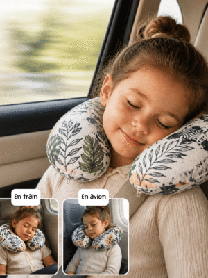 Coussin de voyage personnalisé enfant et adulte en tissu Oeko-Tex. Confort, maintien de la tête, idéal voiture, train ou avion. Fait main en France.