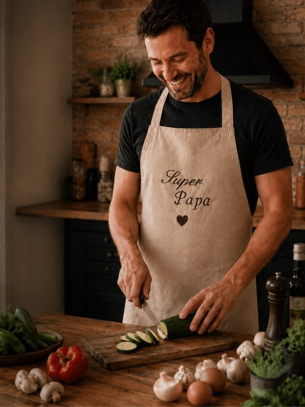 Tablier Super Papa en coton déperlant, réglable et lavable en machine. Une idée cadeau originale pour les papas passionnés de cuisine et de barbecue.