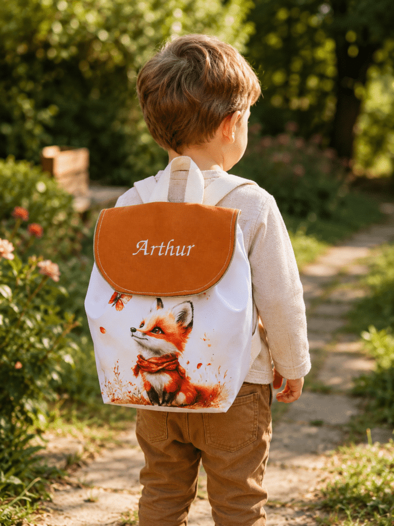 Sac à dos enfant personnalisé Renard avec prénom brodé. Tissu extérieur imperméable, dimensions 35 x 35 cm, fabrication artisanale dans le Loiret. Création unique confectionnée à la commande sous 3 à 4 semaines.