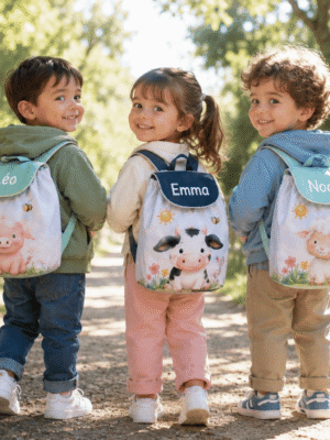 Sac à dos maternelle personnalisé imperméable motif animaux de la ferme avec prénom brodé. Fabrication artisanale française, fermeture au choix, tissu déperlant et couleurs personnalisables. Idéal pour la crèche et l'école maternelle.