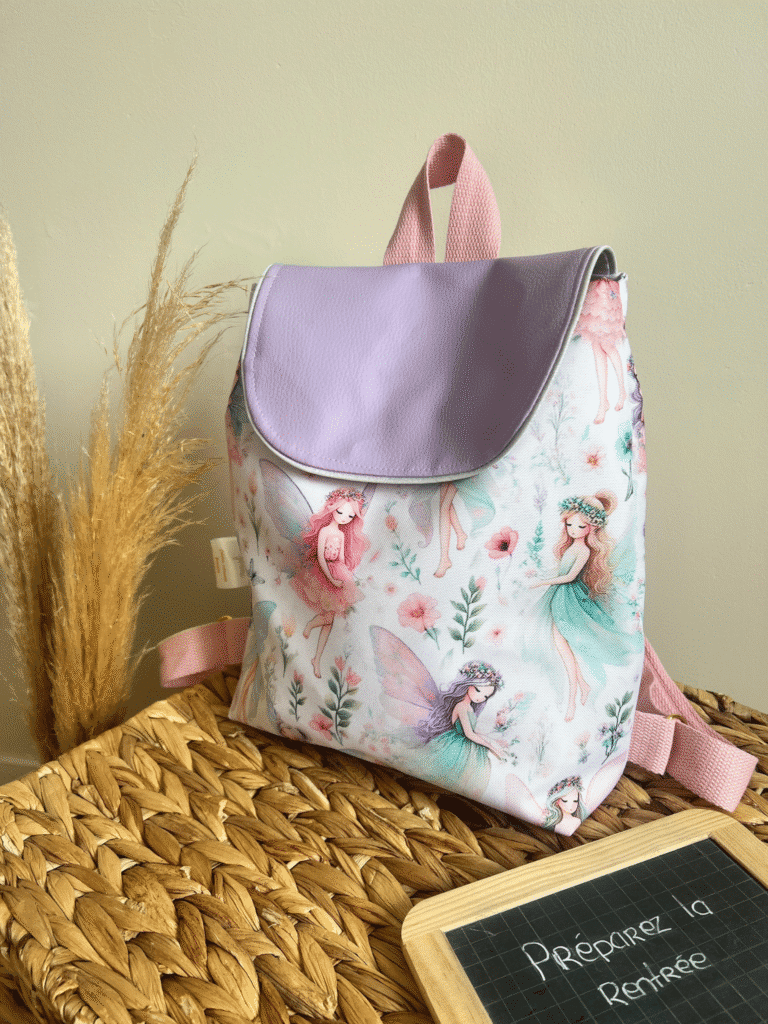 Sac à dos enfant imperméable Fées Enchantées personnalisé avec prénom. Modèle artisanal en stock, dimensions 35x35 cm, fermeture aimantée et pressions latérales. Création exclusive Les Créa de Jenni, expédition rapide.
