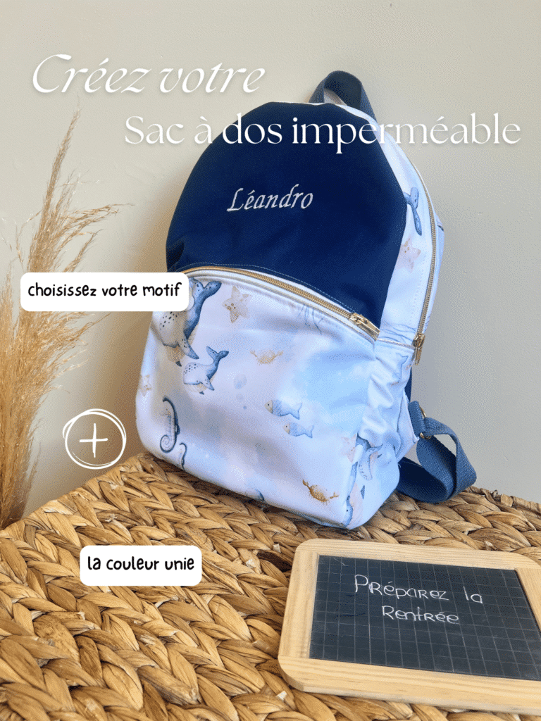 Sac à dos personnalisé à fermeture éclair avec prénom brodé. Grand format pour cahiers 24x32 cm et classeurs. Fabrication artisanale française, tissus exclusifs et confection dans le Loiret. 🚀