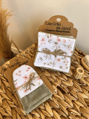 Lingettes démaquillantes lavables en coton OEKO-TEX et éponge bambou ultra douce. Lot de 4, gant ou coffret complet. Cousu main, livraison rapide.