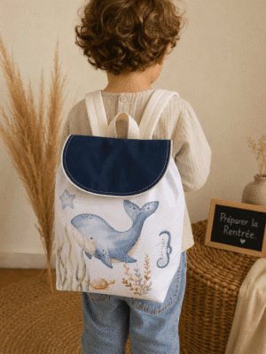 Sac à dos maternelle personnalisé Baleine Aquarelle en tissu imperméable. Création artisanale cousue main, prénom brodé, en stock avec expédition rapide. Idéal pour la crèche et la maternelle.