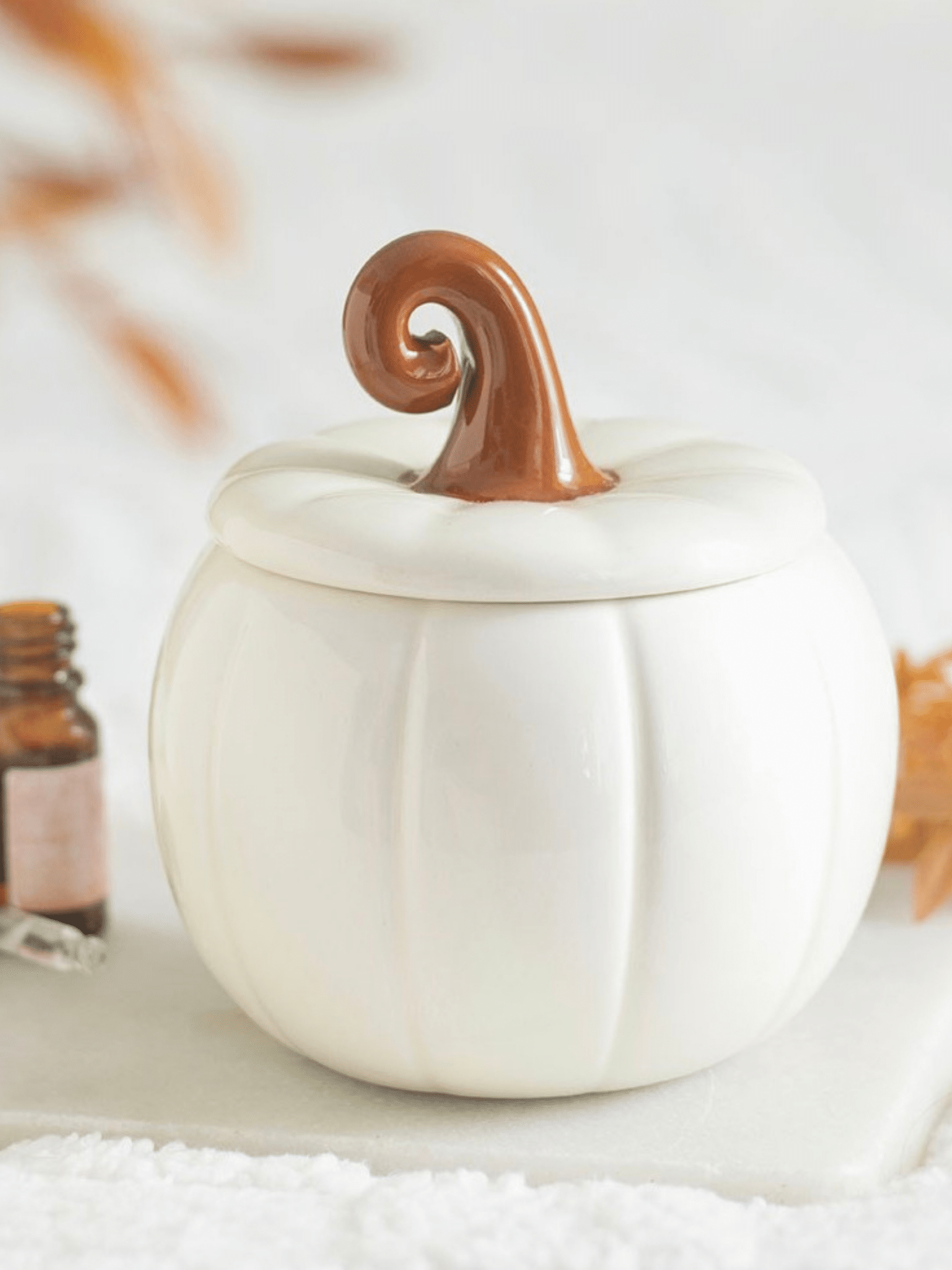 Brûleur à huile citrouille blanche, idéal pour créer une ambiance cocooning et une décoration d’automne chaleureuse. Disponible en précommande.