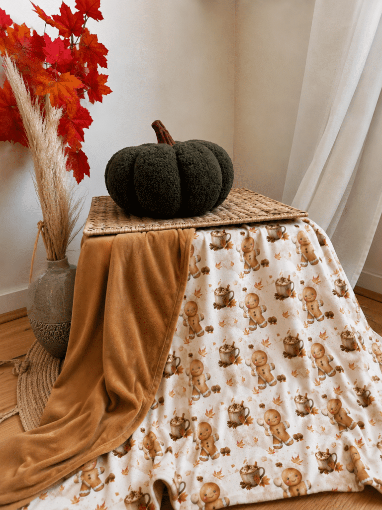 Plaid Pain d’épices 150 x 200 cm avec verso camel. Une création cousue main, douce et cocooning, disponible en stock et expédiée sous 8 jours.