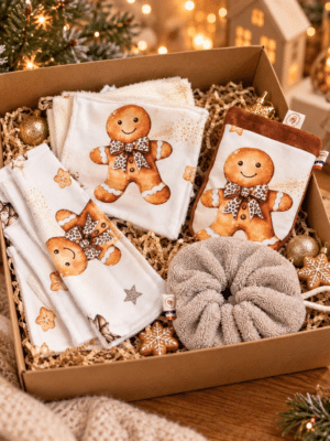 Coffret soin de Noël Pain d’Épices Léopard à 40 € : gant démaquillant, 4 lingettes, bandeau de soin et fleur de douche cousus main.