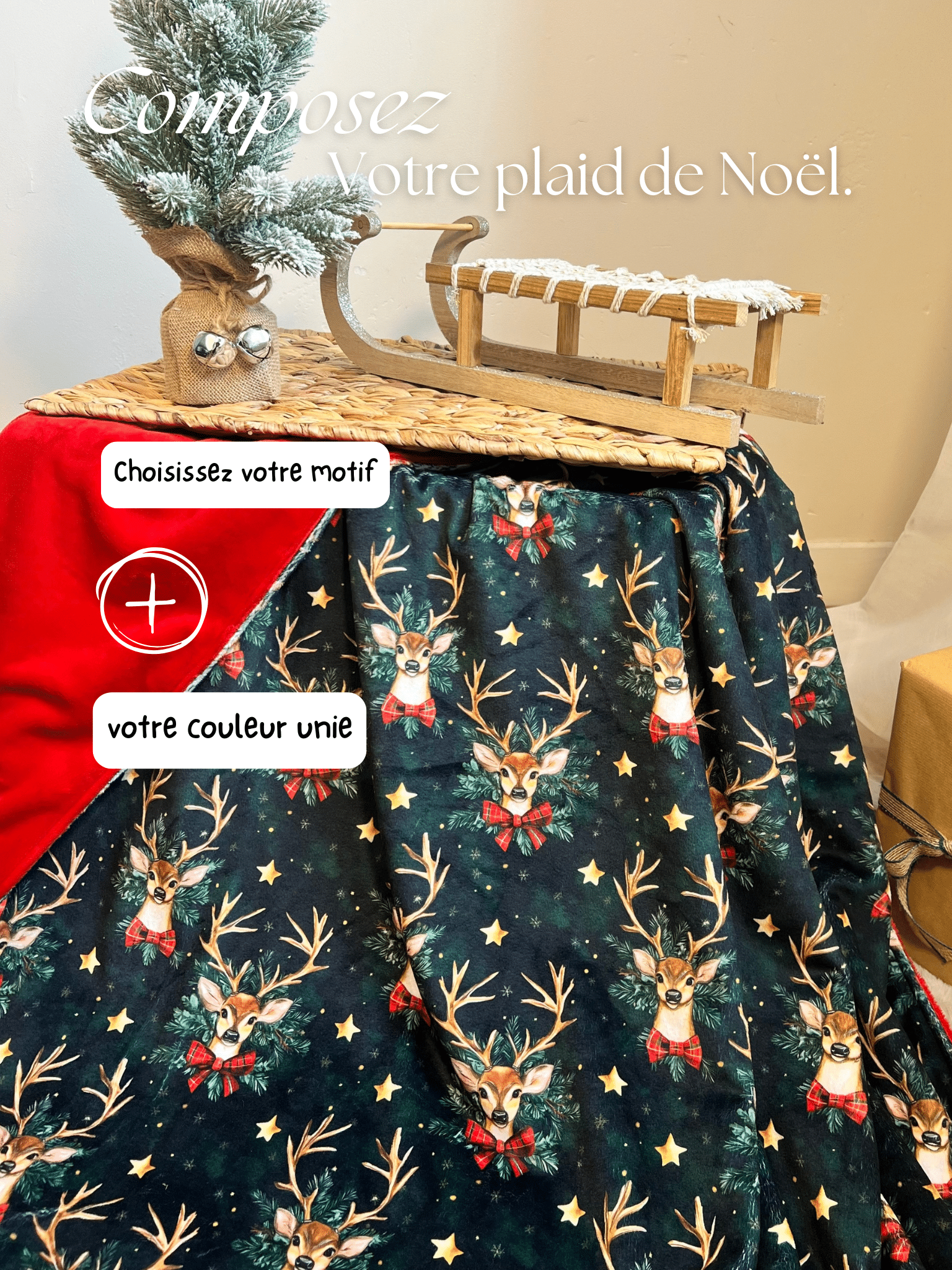 Créez votre plaid de Noël personnalisé : choisissez le motif, la couleur et la taille. Cousu main, ultra-doux et prénom brodé en option.