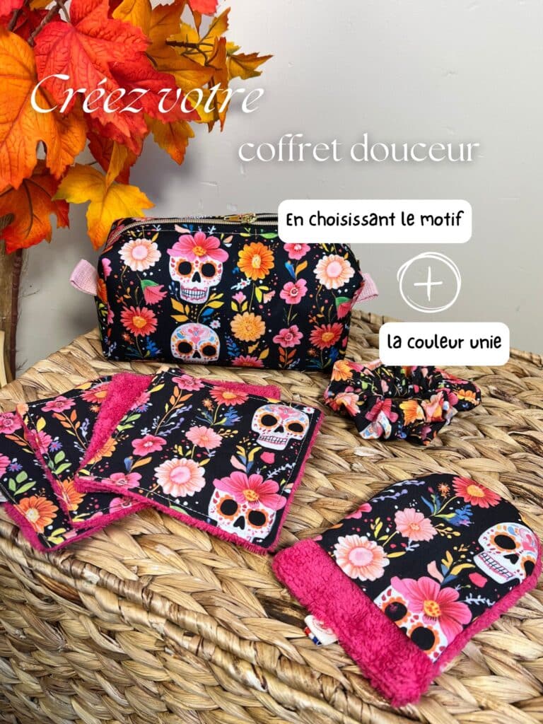 Composez votre coffret beauté personnalisé : trousse imperméable, 4 lingettes, gant démaquillant et chouchou. Cousu main en France, idéal à offrir.