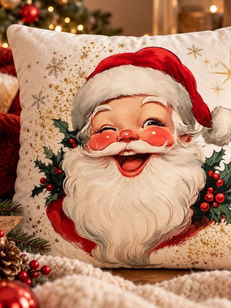 Coussin doudou Père Noël fait main, moelleux et rembourré de ouate. Disponible en 45 × 45 cm et 60 × 60 cm pour une déco de Noël cocooning.
