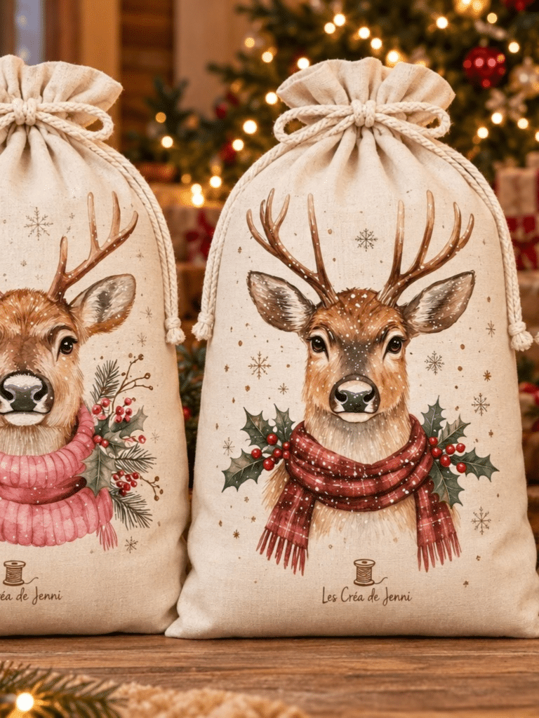Hotte de Noël en coton écru de 38 litres, fermeture à cordon et trois motifs rennes au choix. Un emballage cadeau réutilisable pour les fêtes.