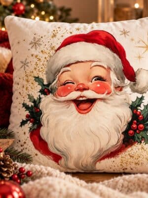 Coussin doudou Père Noël fait main, moelleux et rembourré de ouate. Disponible en 45 × 45 cm et 60 × 60 cm pour une déco de Noël cocooning.