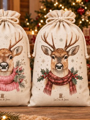Hotte de Noël en coton écru de 38 litres, fermeture à cordon et trois motifs rennes au choix. Un emballage cadeau réutilisable pour les fêtes.